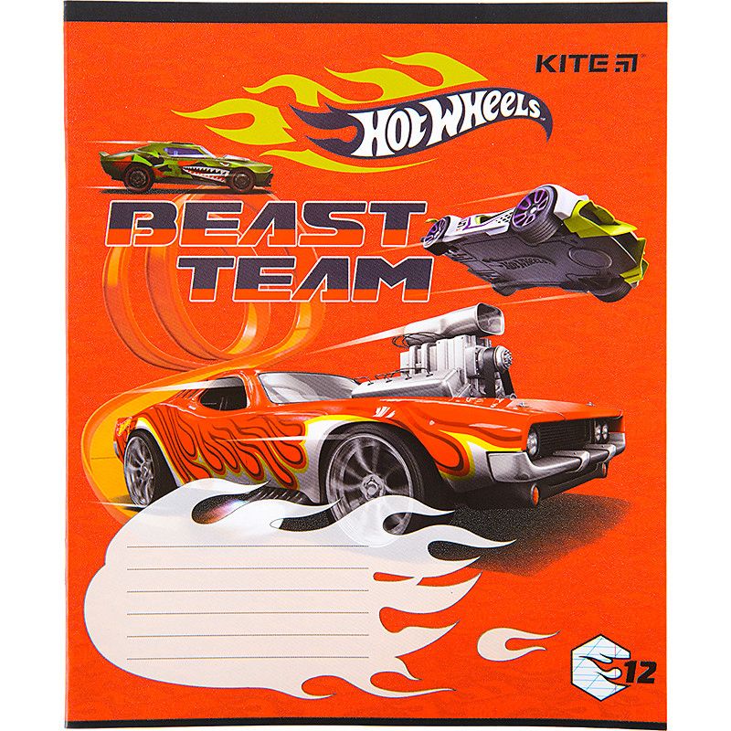 Тетрадь школьная Kite 12 листов косая линия, гибридный лак + УФ лак Hot Wheels фото