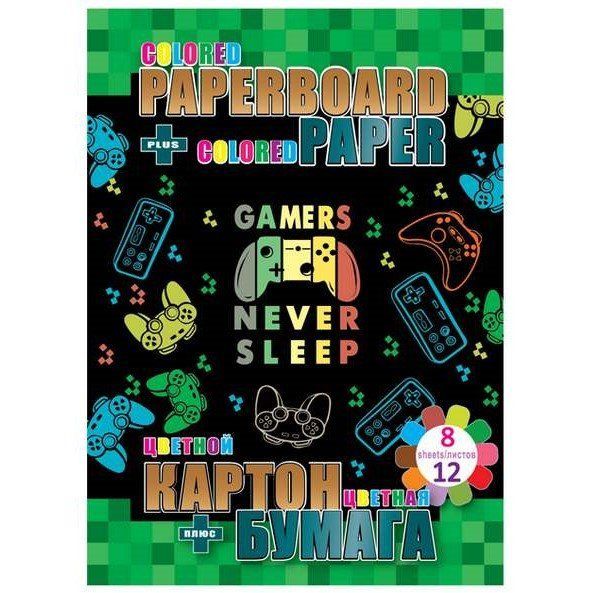 Набір картон+папір кольоровий: картон 8арк., папір двост. 12арк 70г/м2 Kidis Gamers never sleep фото