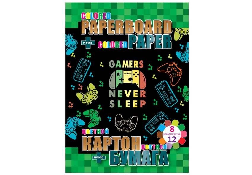 Набір картон+папір кольоровий: картон 8арк., папір двост. 12арк 70г/м2 Kidis Gamers never sleep фото