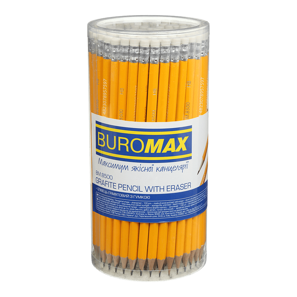 Карандаш чернографитный Buromax BM.8500 HB с резинкой фото