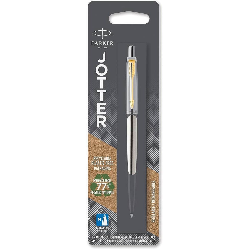 Ручка Parker Jotter Stainless Steel GT BP шариковая автоматическая, корпус металлический с позолотой, блистер фото