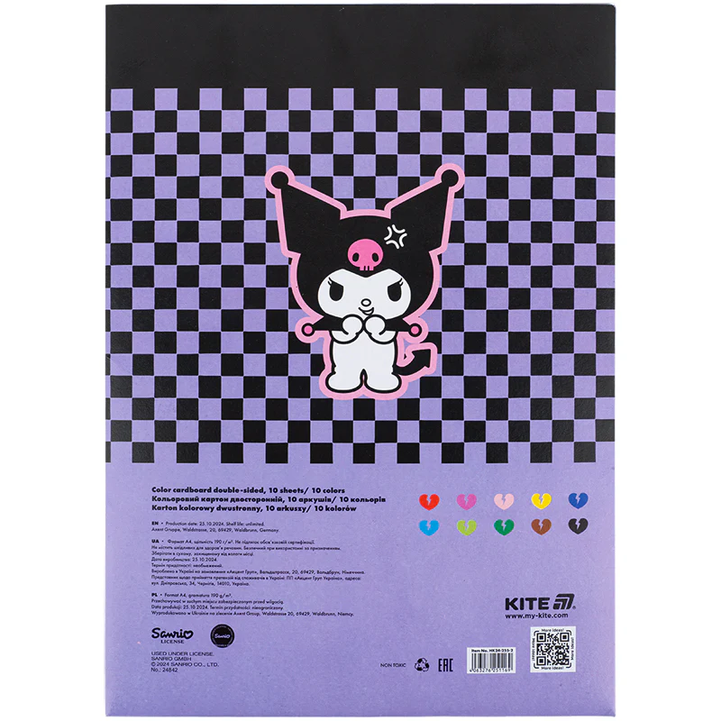 Картон кольоровий двосторонній А4 10арк., 10 кольорів Kite Kuromi фото