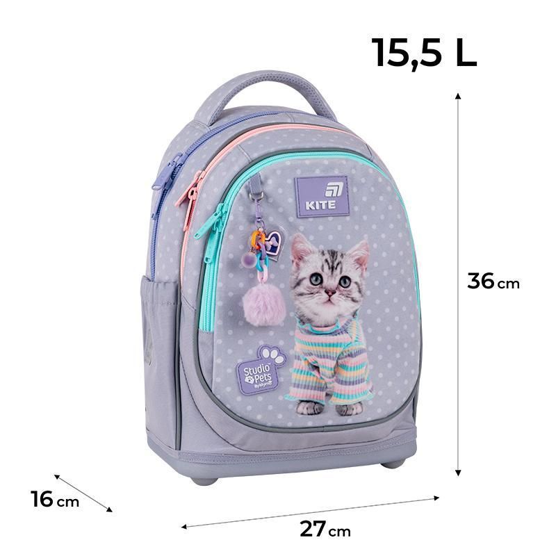 Рюкзак шкільний напівкаркасний для дівчинки Kite Education 724 Studio Pets 36 &times; 27 &times; 16см сірий фото