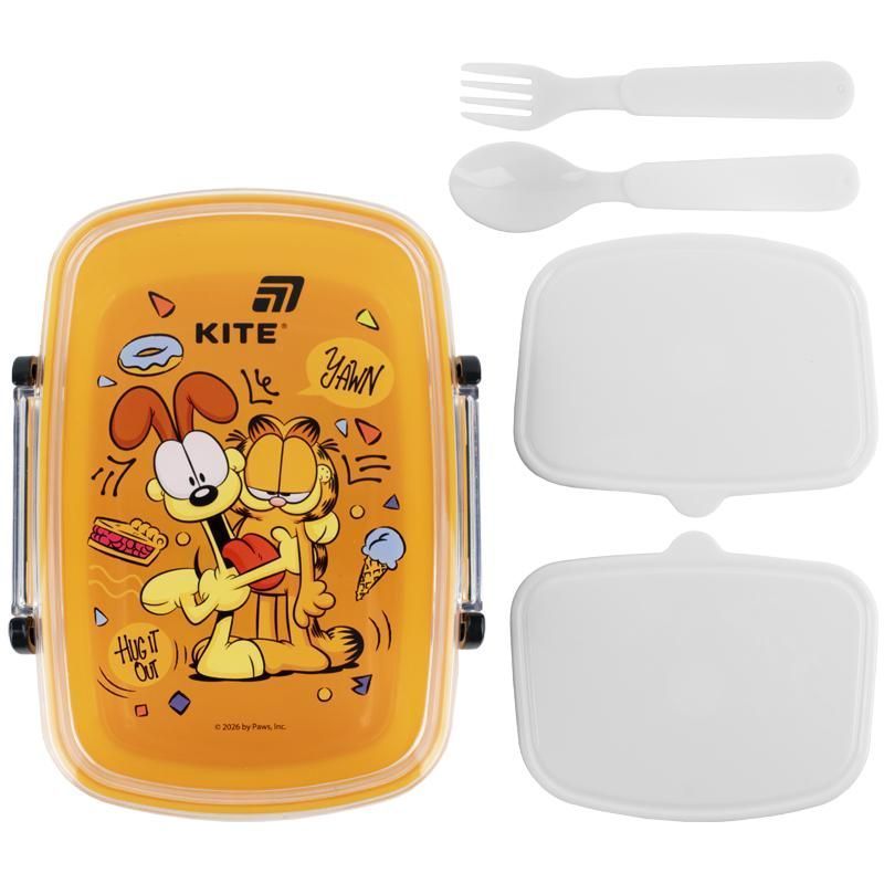 Ланчбокс Kite Garfield 750мл, ложка+виделка, 2 контейнера, помаранчевий фото