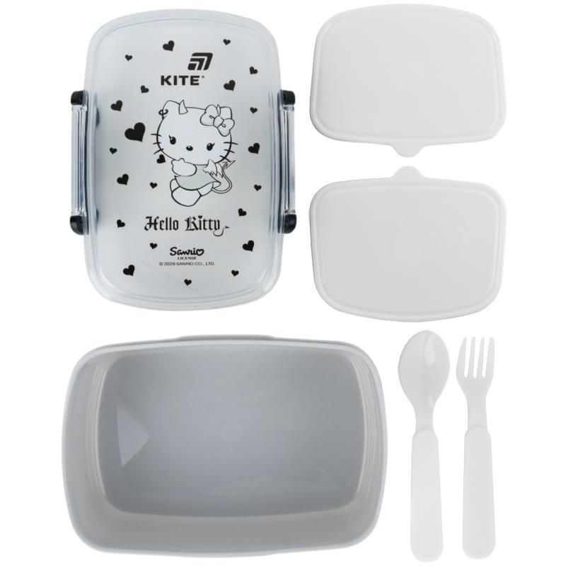 Ланчбокс Kite Hello Kitty 750мл, ложка+вилка, 2 контейнера, серый фото