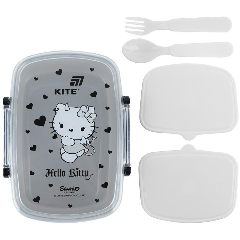 Ланчбокс Kite Hello Kitty 750мл, ложка+вилка, 2 контейнера, серый фото