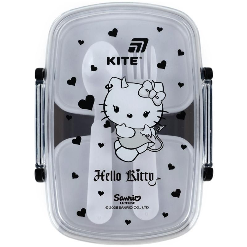Ланчбокс Kite Hello Kitty 750мл, ложка+вилка, 2 контейнера, серый фото