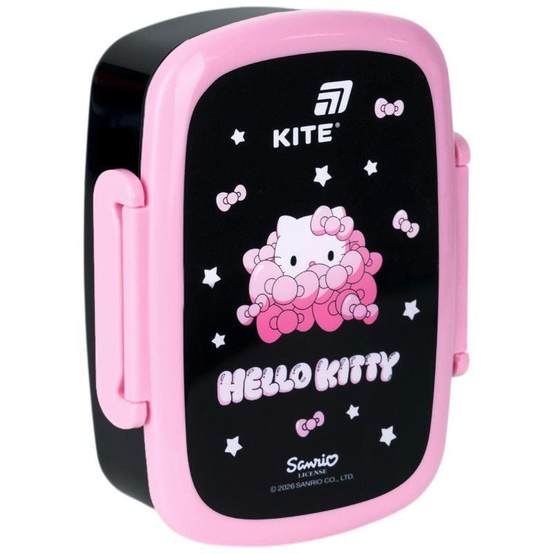 Ланчбокс Kite Hello Kitty 750мл, ложка+виделка, 1 контейнер, рожево-чорний фото