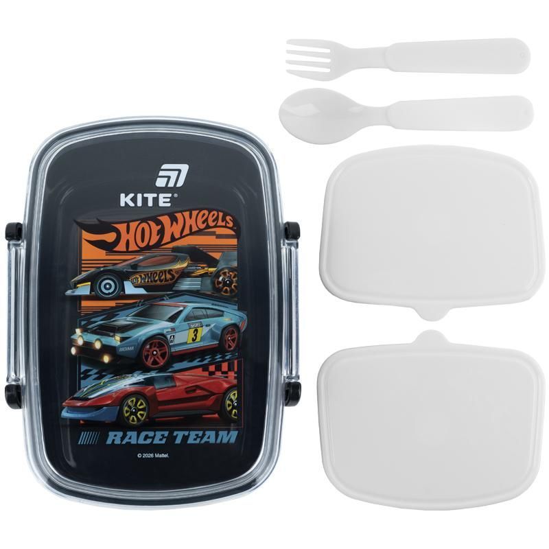 Ланчбокс Kite Hot Wheels 750мл, ложка+виделка, 2 контейнера, чорний фото