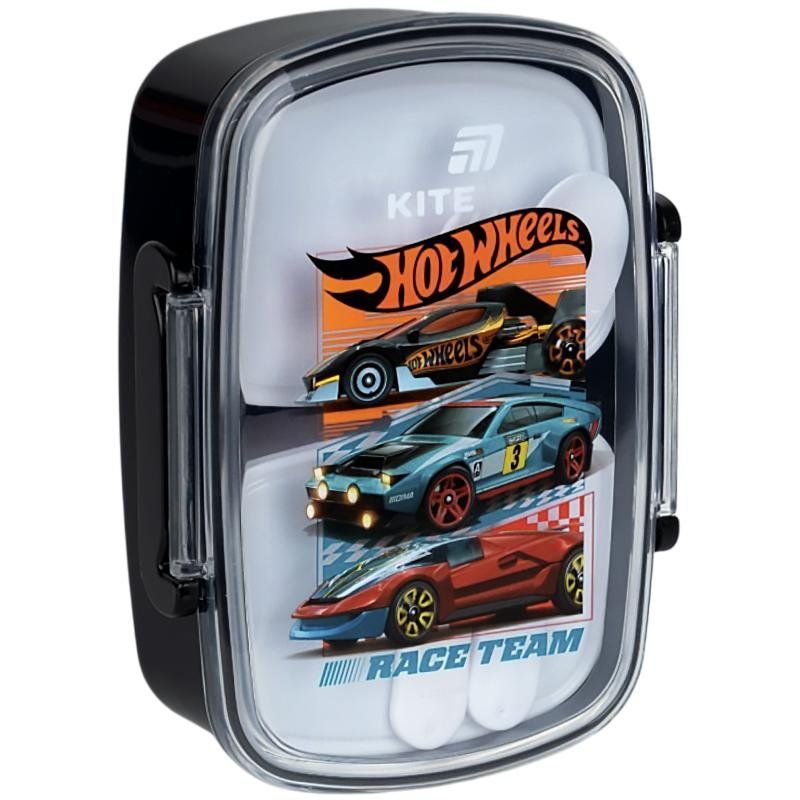 Ланчбокс Kite Hot Wheels 750мл, ложка+вилка, 2 контейнера, черный фото