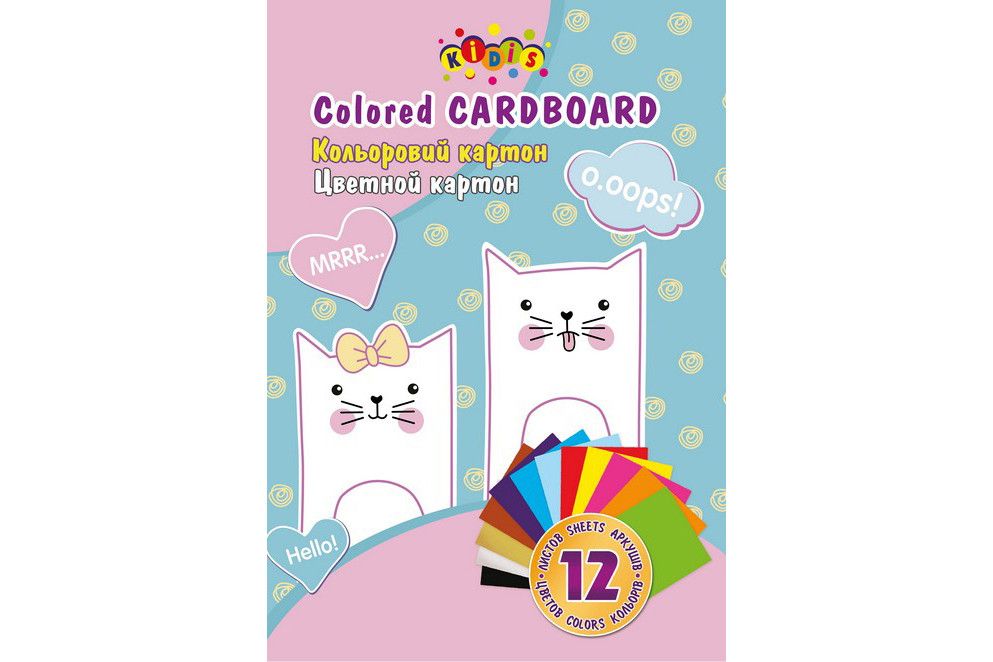 Картон кольоровий А4 12арк., 12 кольорів 200г/м2 Kidis My Cat фото