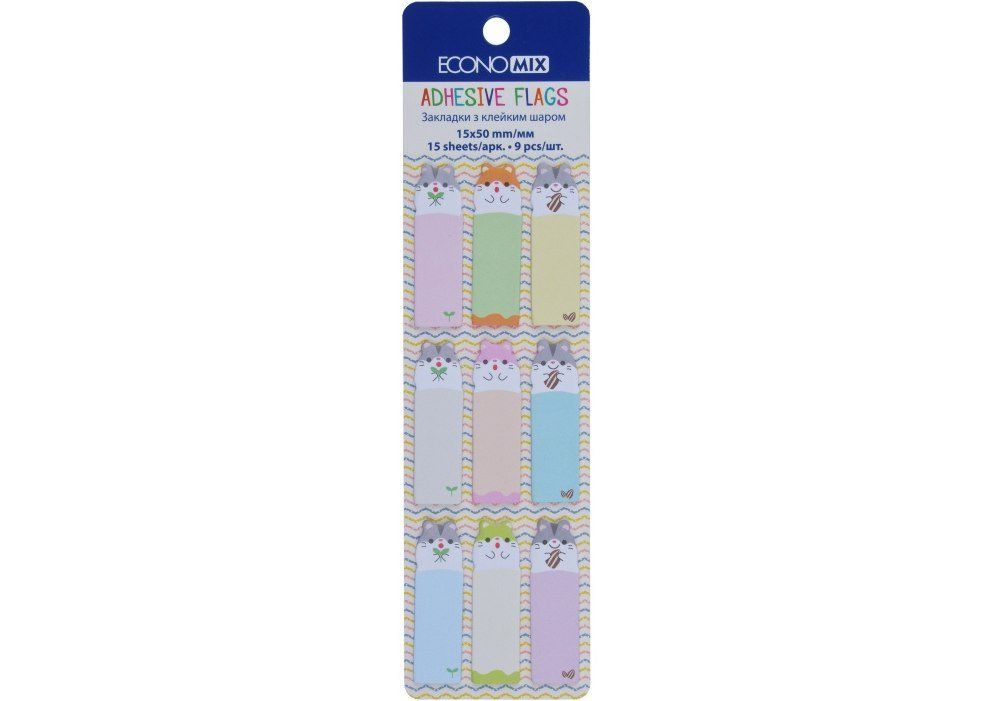 Стікери-закладки паперові 50*15мм 9 кольорів*15арк мікс Economix Fun Mouse фото