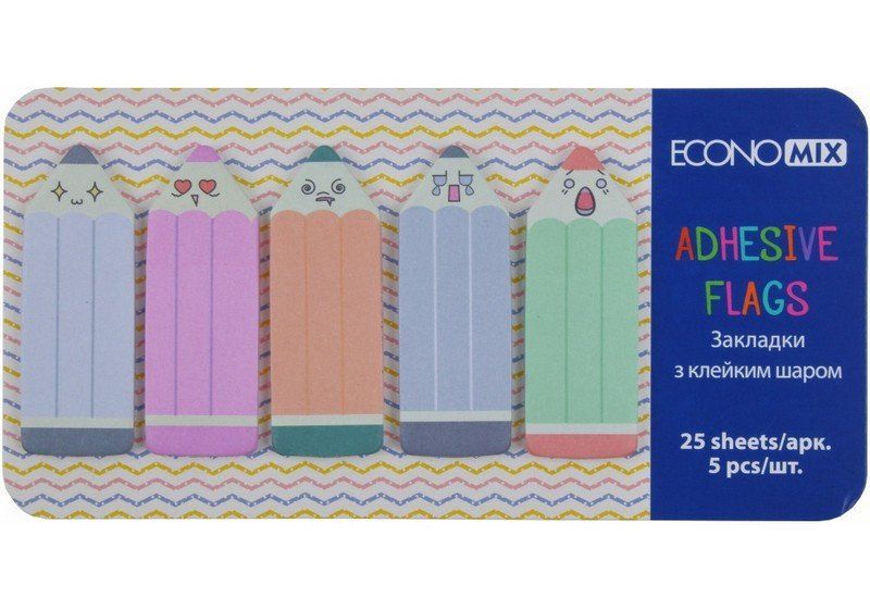 Стікери-закладки паперові 50*18мм 5 кольорів*25арк мікс Economix Fun Pencils фото