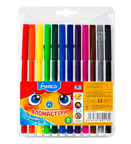Фломастери Marco Ultra Washable 12 кольорів фото