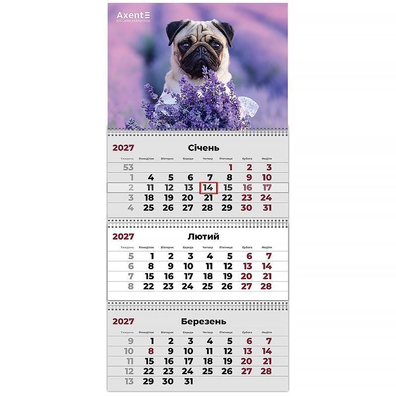 Календарь настенный на пружине 2027 квартальный Axent Dogs 3 29,7*63см 3 пружины фото