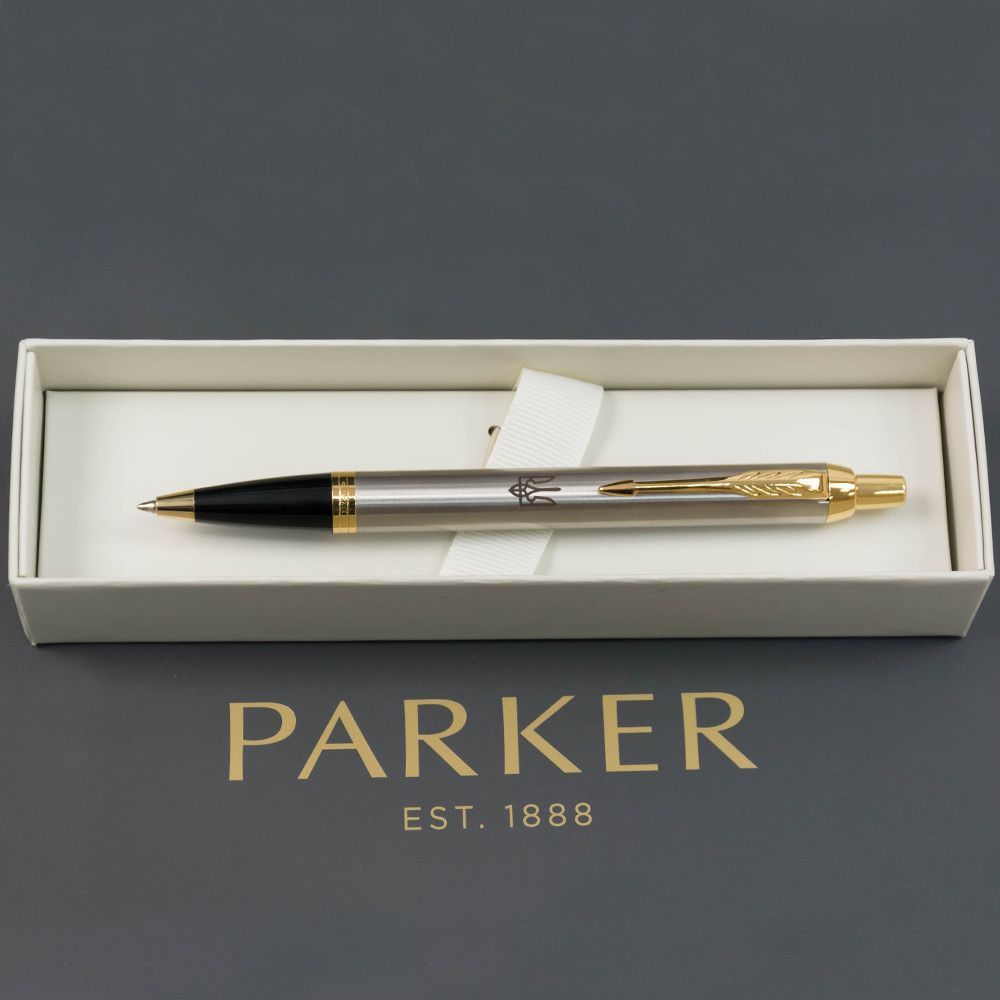 Ручка Parker IM Brushed Metal GT BP кулькова на кнопці 1мм синя, металева з позолотою, Тризуб фото