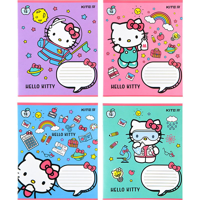 Тетрадь школьная Kite 12 листов косая линия, гибридный лак + УФ лак Hello Kitty фото